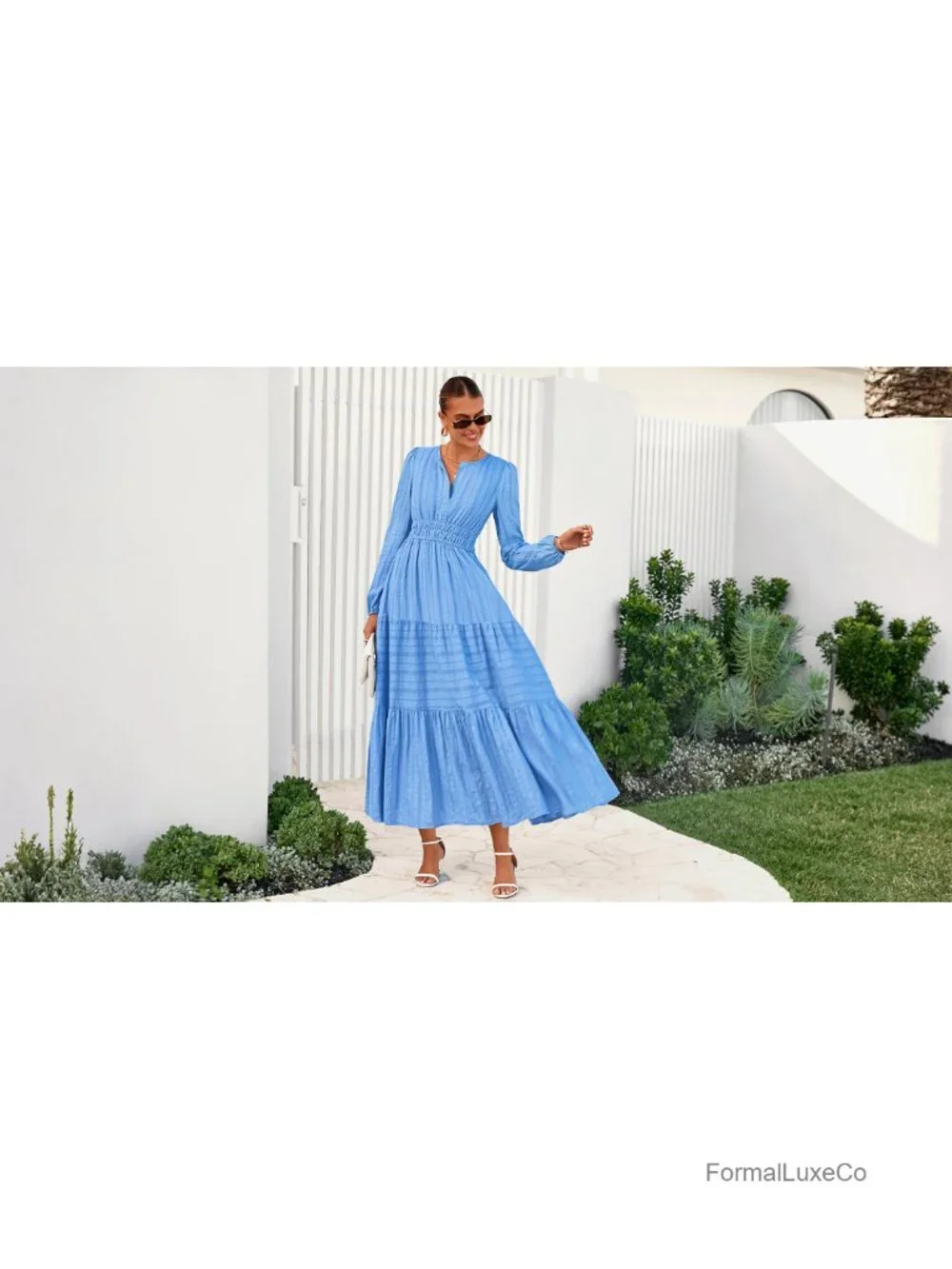 Womens Long Sleeve V Neck Maxi Dress Tiered Ruffle A Line with Pockets